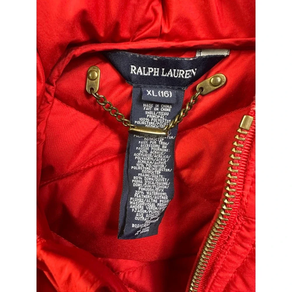 VTG Ralph Lauren Girls Red Quilted Down Puffer Jacket Hooded Belted Size XL 16